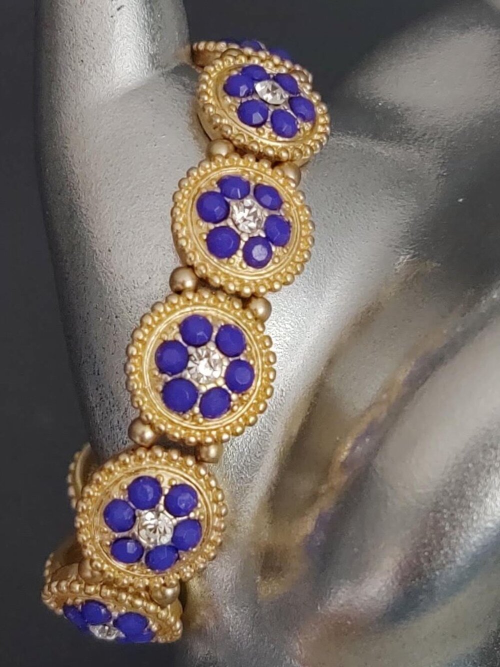 Gold, blue and crystal flower stretch bracelet